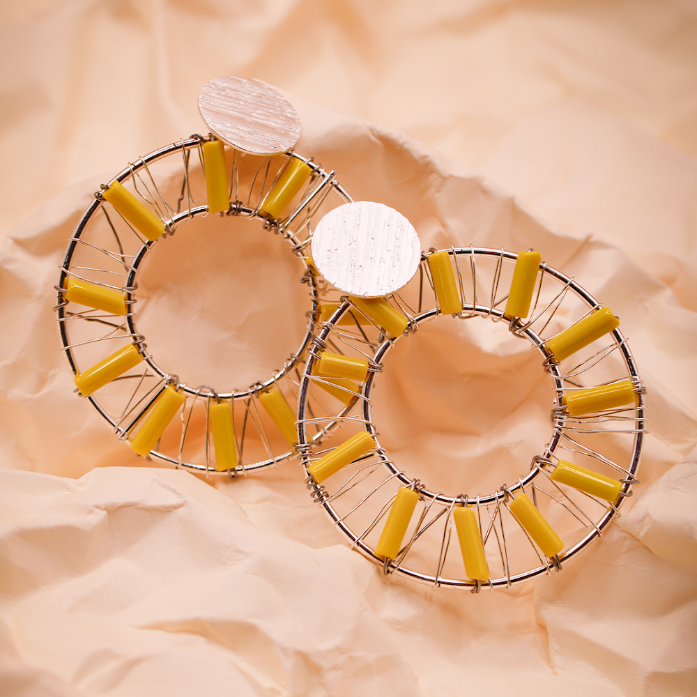 Yellow-Silver Beaded Hoop Earrings