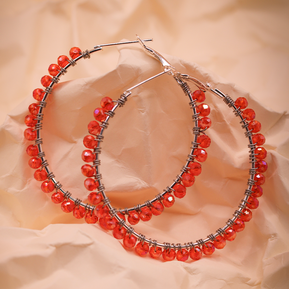 Orange Beaded Hoop  Earrings