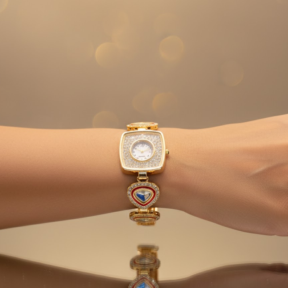 Ruby Accent Pear Drop Golden Bracelet Watch