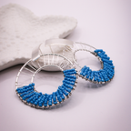 Blue-Silver Beaded Hoop Earrings