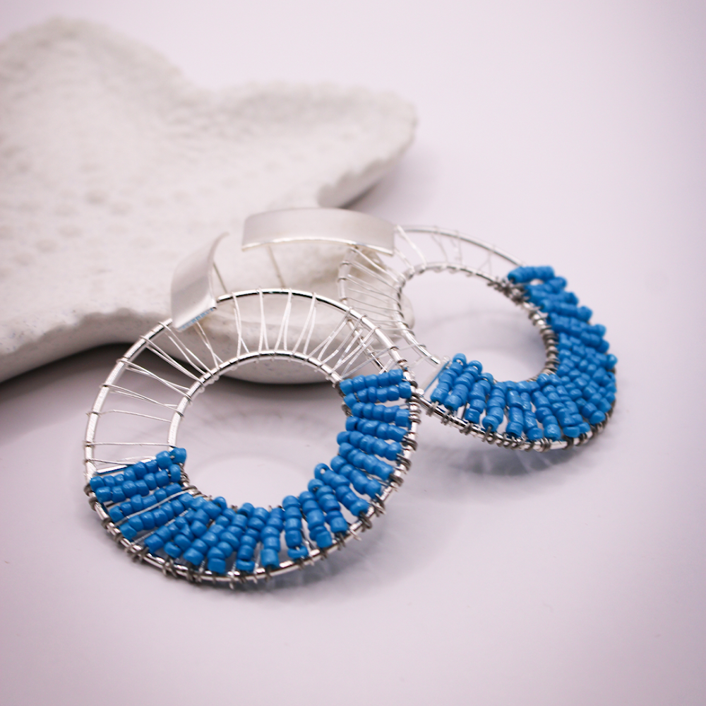 Blue-Silver Beaded Hoop Earrings