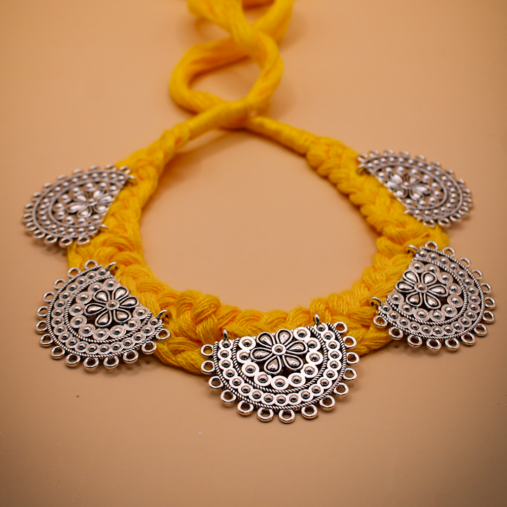 Silver Chandra Bali Silk Thread Yellow Choker Necklace