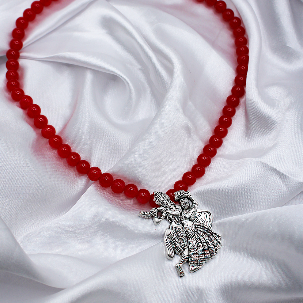 Radha Krishna Pendant Crimson long Necklace