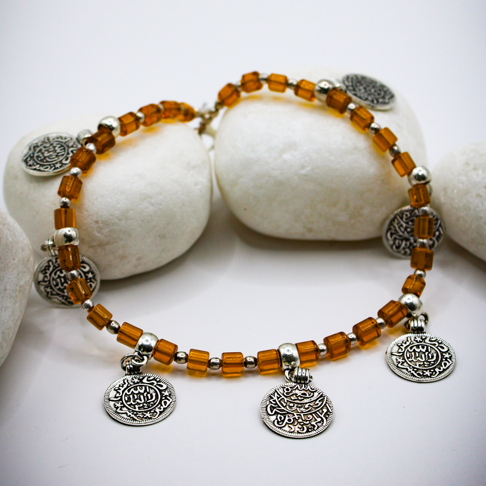 Coin Charms Silver-Orange Beaded Anklets