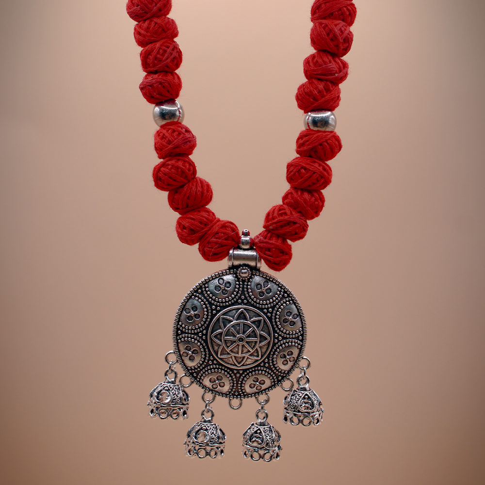Agnivarna Silver-Oxdised Bells Thread Jewellery Set