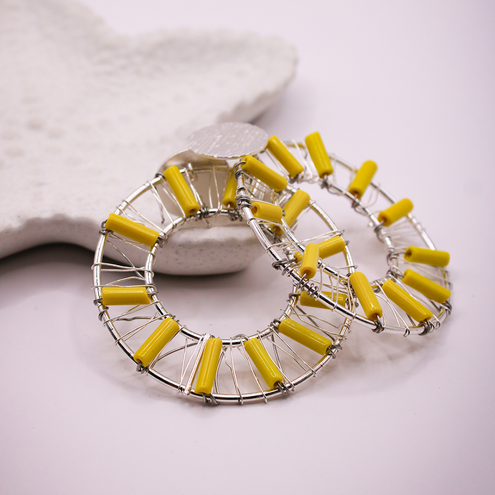 Yellow-Silver Beaded Hoop Earrings