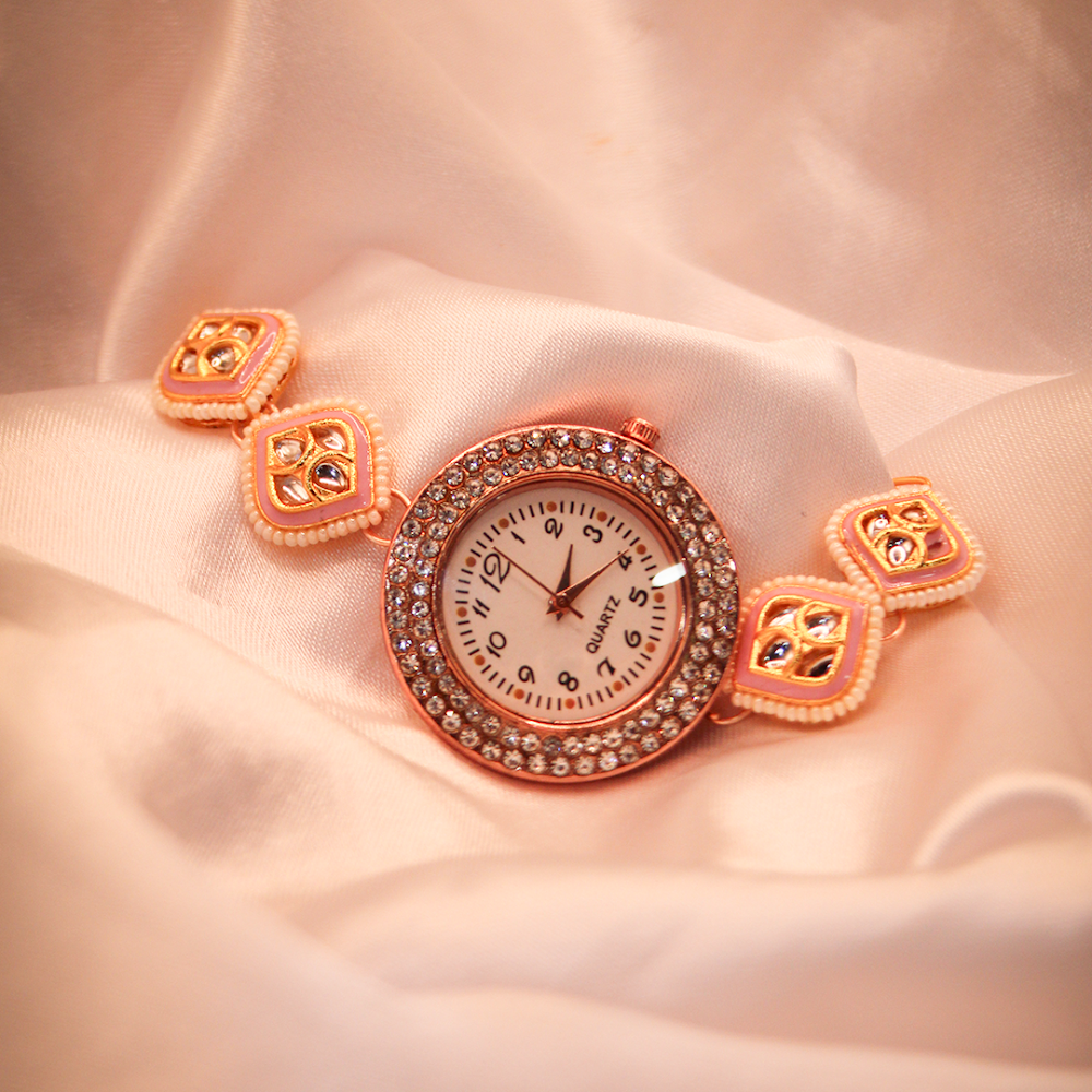 Blush Petal Golden Kundan Bracelet Watch