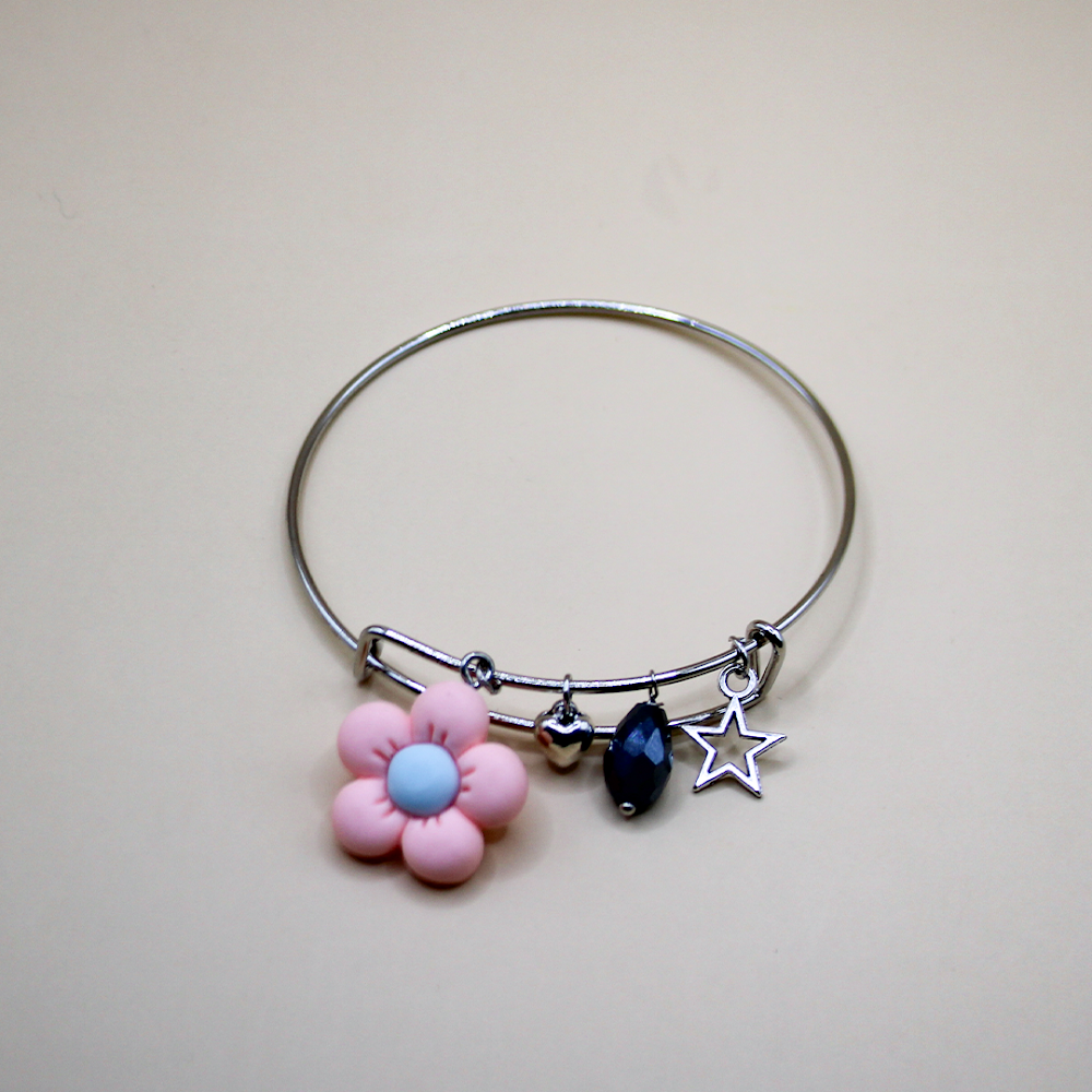 Pink Petal Delight Silver Charms Bracelet