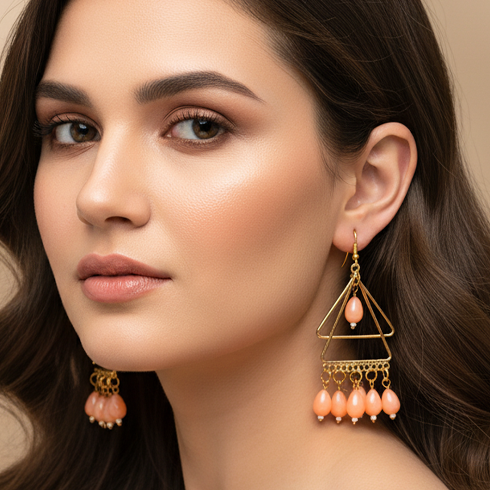 Triangular Dangle Earrings With Peach Beads