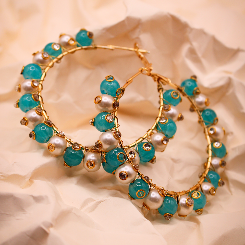 White-Blue Hoop Earrings