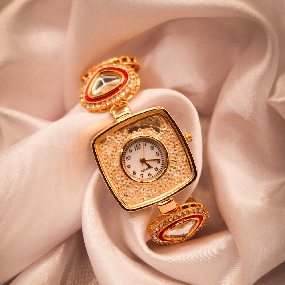 Ruby Accent Pear Drop Golden Bracelet Watch