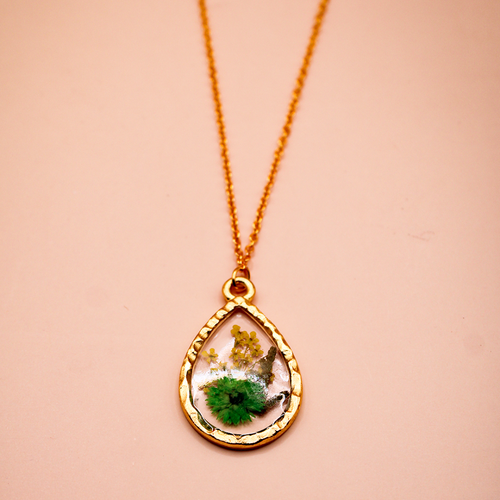 Encased Emerald Bloom Teardrop resin Pendant