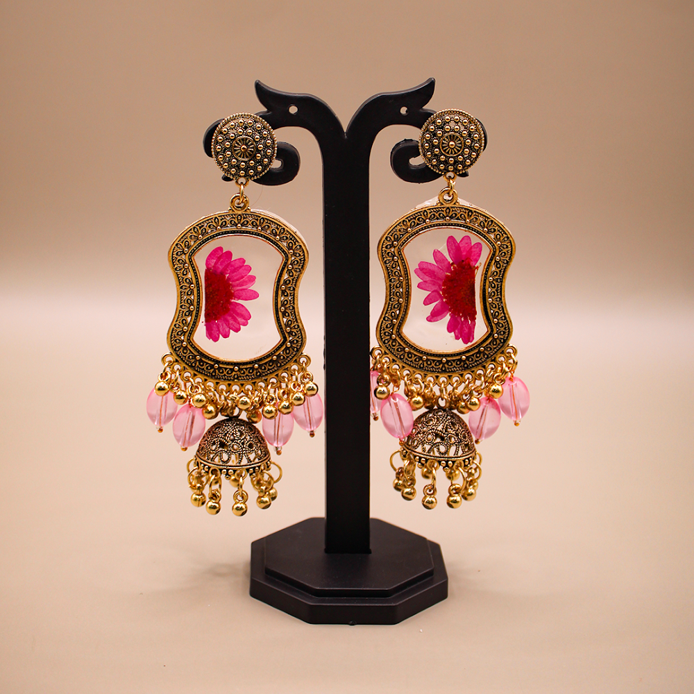 Rani Pink Floral Bell Drop Jhumka Earrings