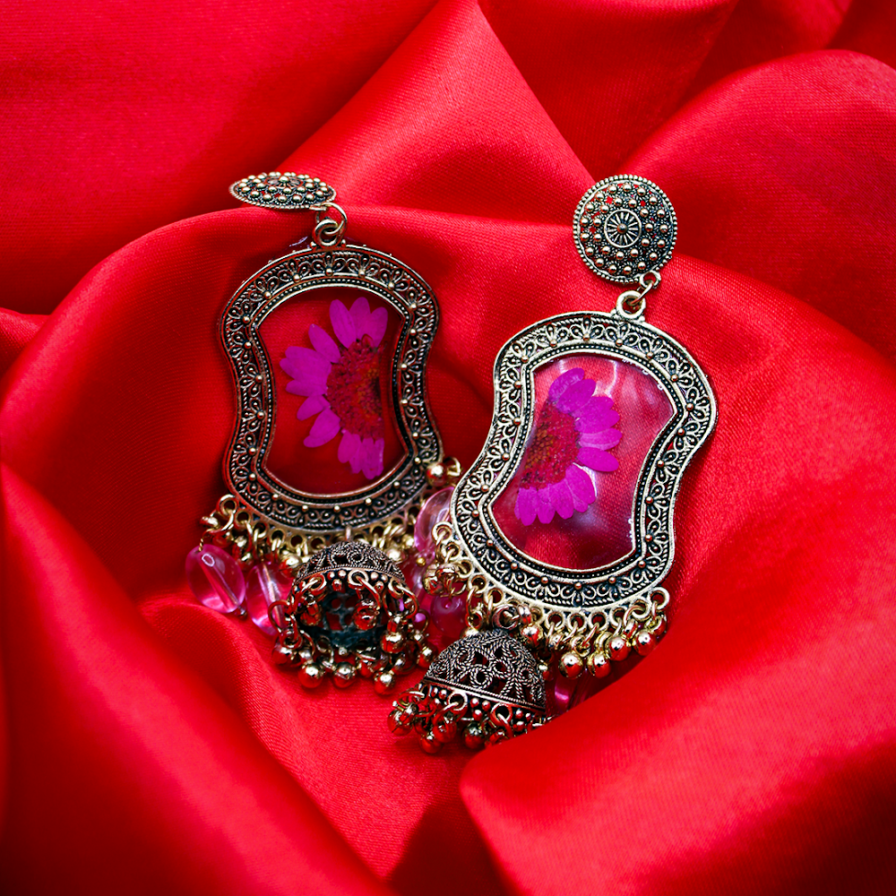 Rani Pink Floral Bell Drop Jhumka Earrings