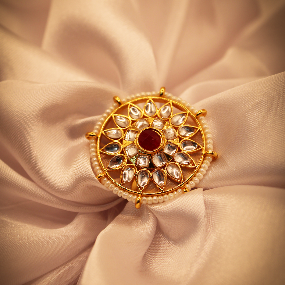 Kundan Sunburst Pearl Bordered Adjustable Cocktail Ring