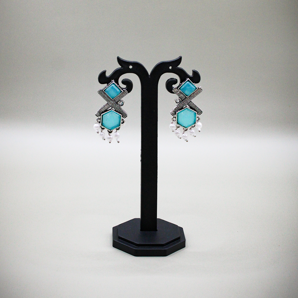 Teal Geometric Cluster Oxidized Dangle Earrings