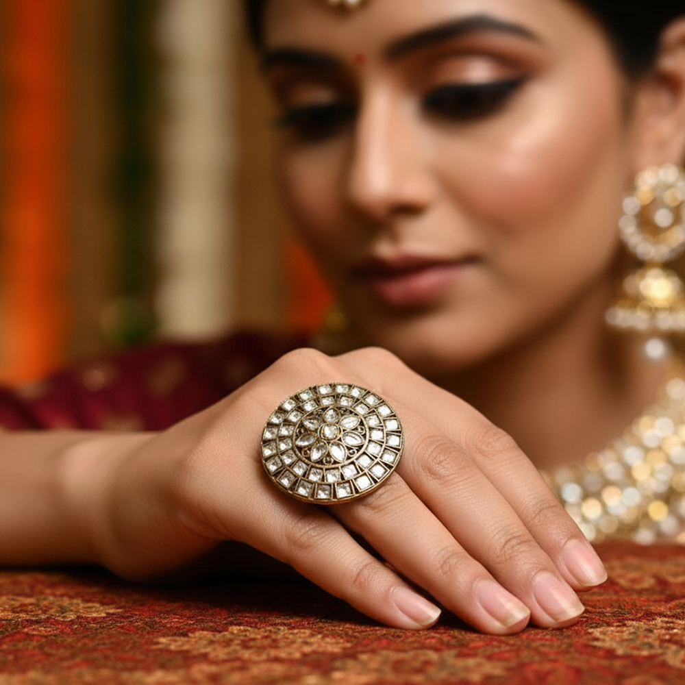 Oxidised Kundan Grand Disc Adjustable Cocktail Ring