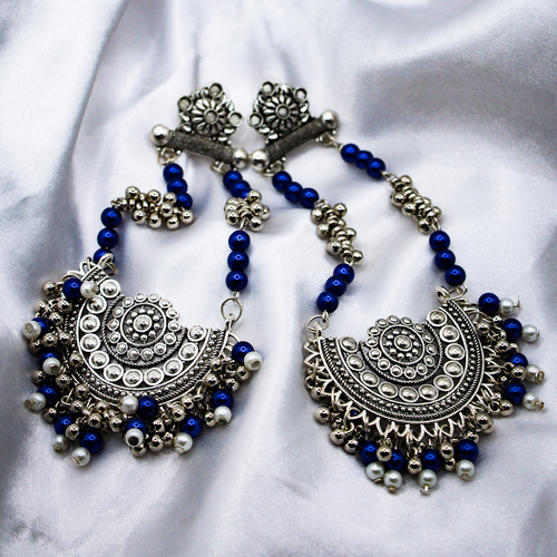 Oxidized Silver Chandbali Earrings With Silver-Blue Beads