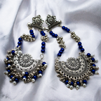 Oxidized Silver Chandbali Earrings With Silver-Blue Beads