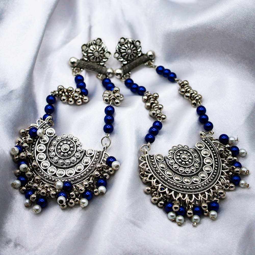 Oxidized Silver Chandbali Earrings With Silver-Blue Beads