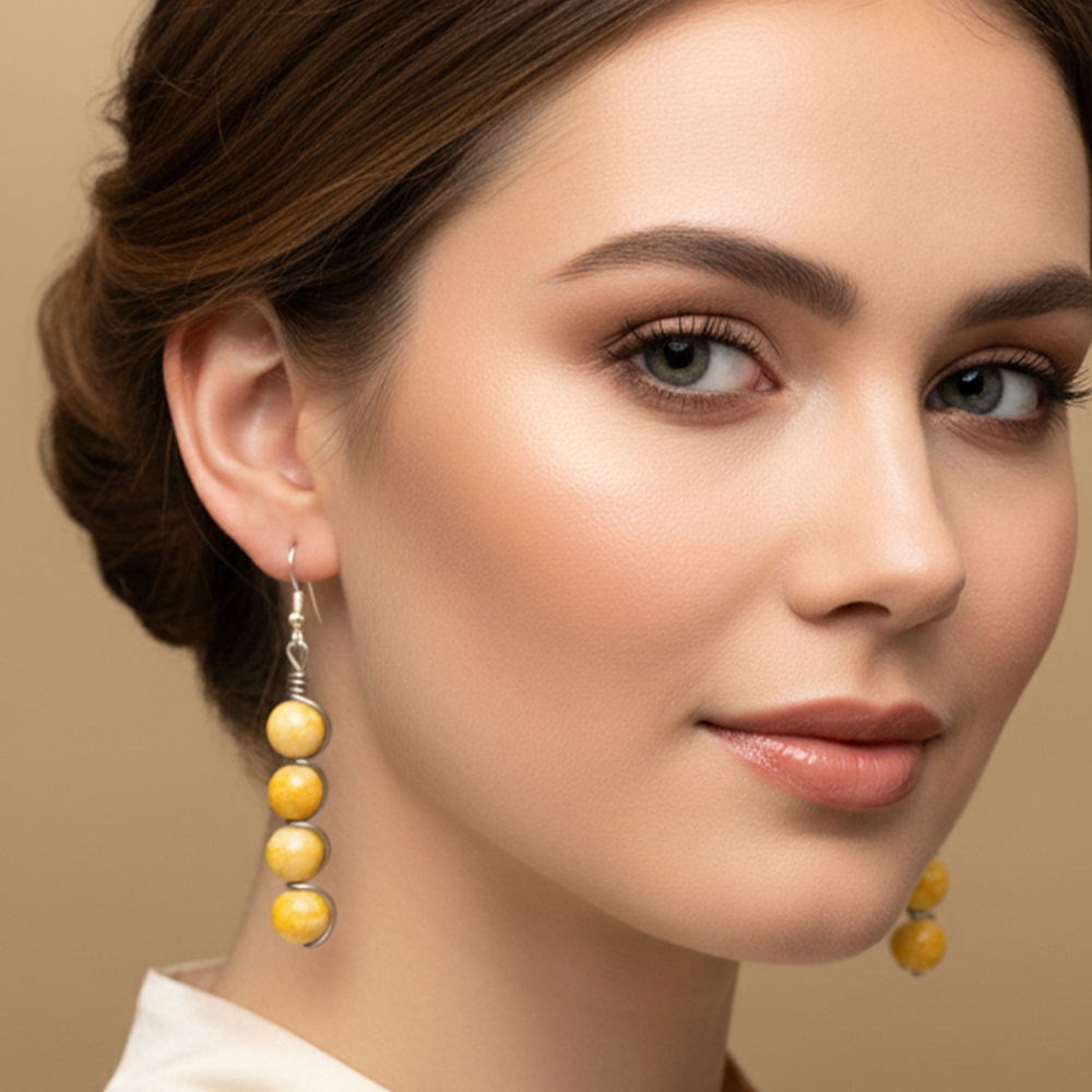 Wire Wrapped Yellow Beaded Dangle Earrings