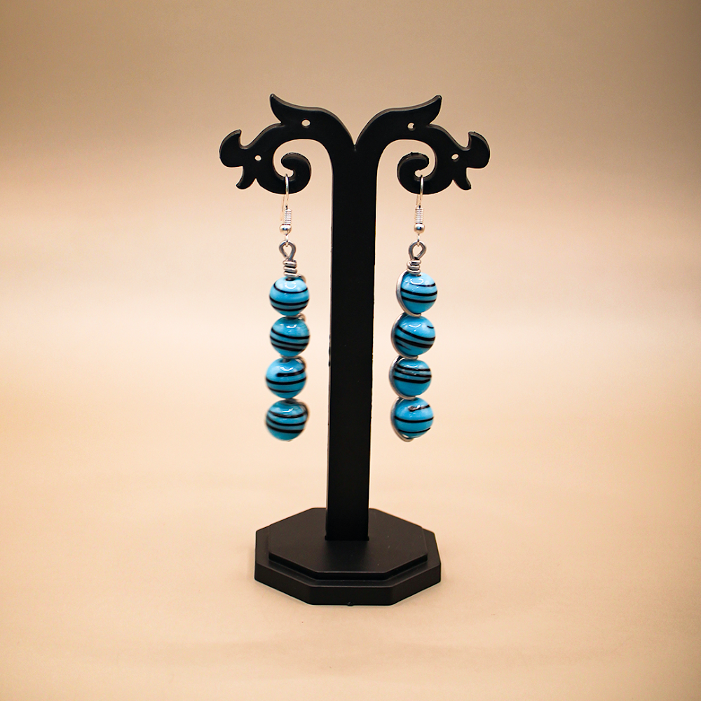 Wire Wrapped Blue Beaded Dangle Earrings