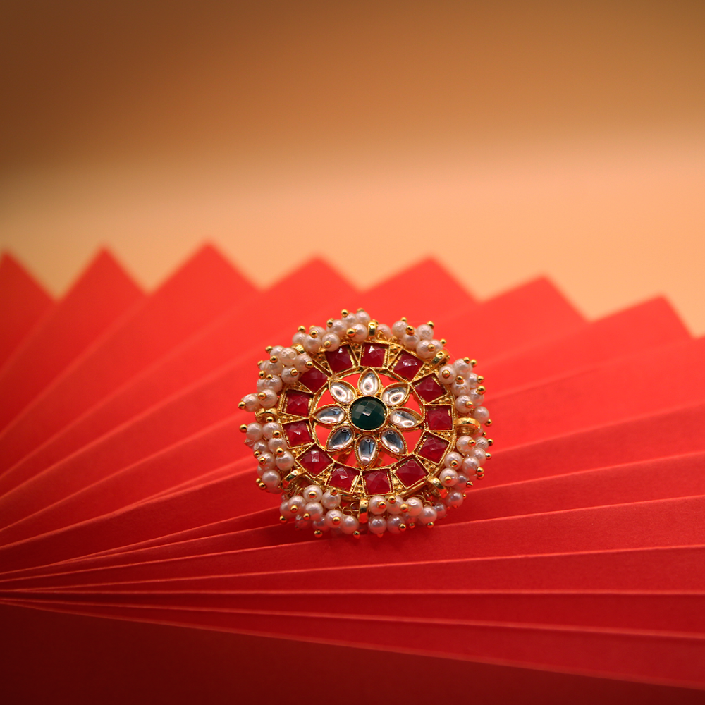 Heavy Red Kundan Pearl Bordered Adjustable Ring