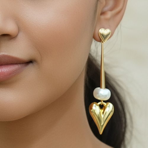 Dangling Golden Heart Statement Earrings With Bead