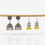 Ethnic Silver Jhumka Combo – Oxidised & Yellow Bead Earrings