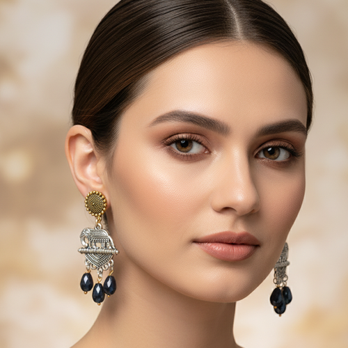 Dual Tone  Oxidized Elephant Dangle Earrings