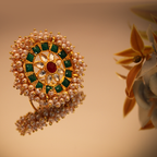 Heavy Green Kundan Pearl Bordered Adjustable Ring