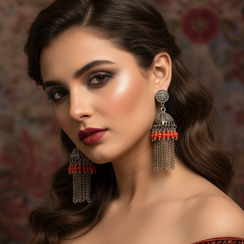 Oxidized Chain Tassel Jhumka Earrings