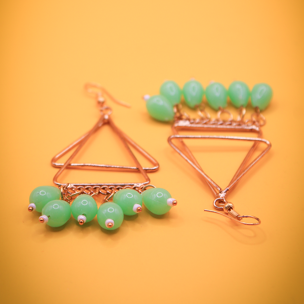 Triangular Dangle Earrings With Green Beads