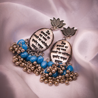 Mantra Engraved Oxidized Jhumka Earrings With Blue Beads