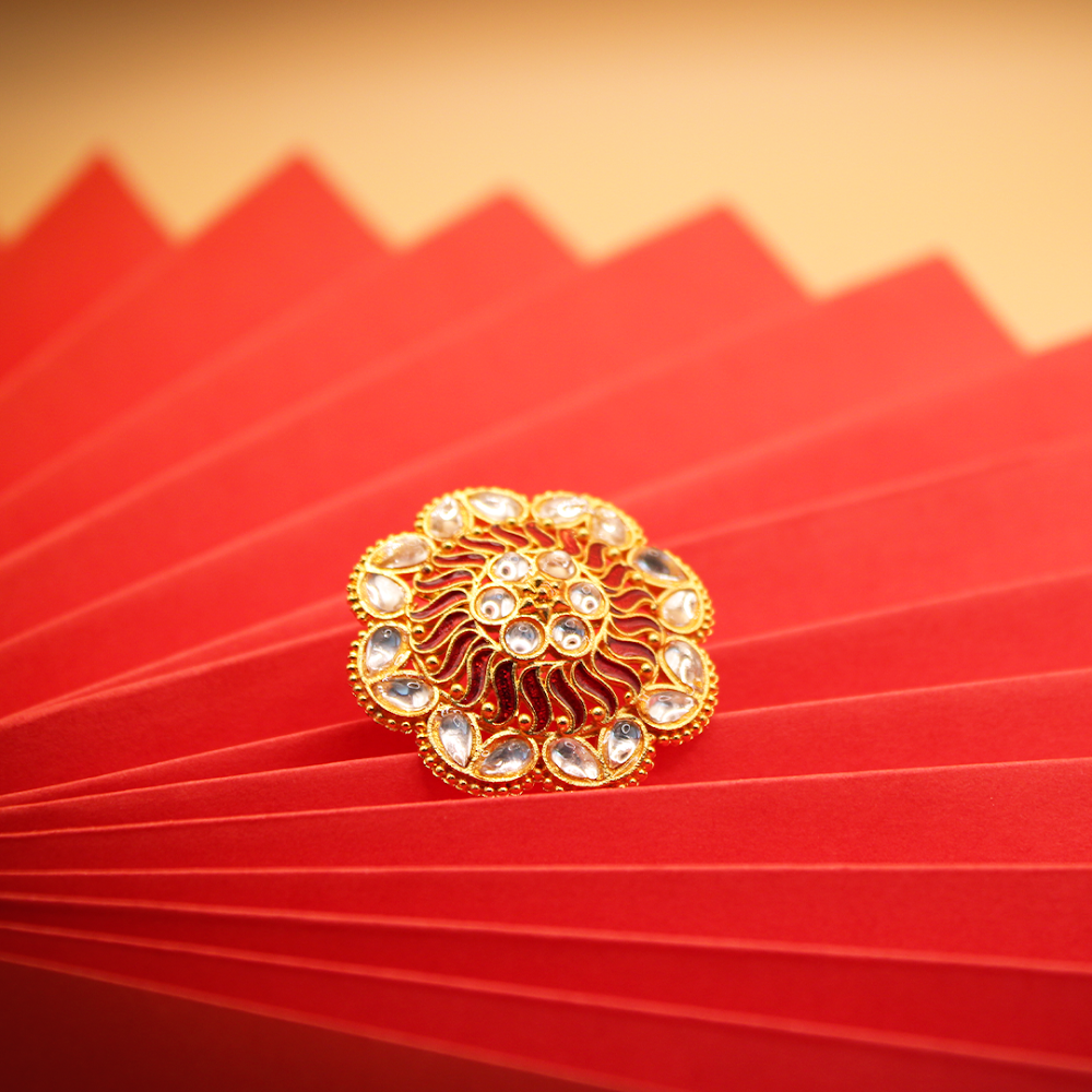 Traditional Crimson Petal Adjustable Kundan Cocktail Ring