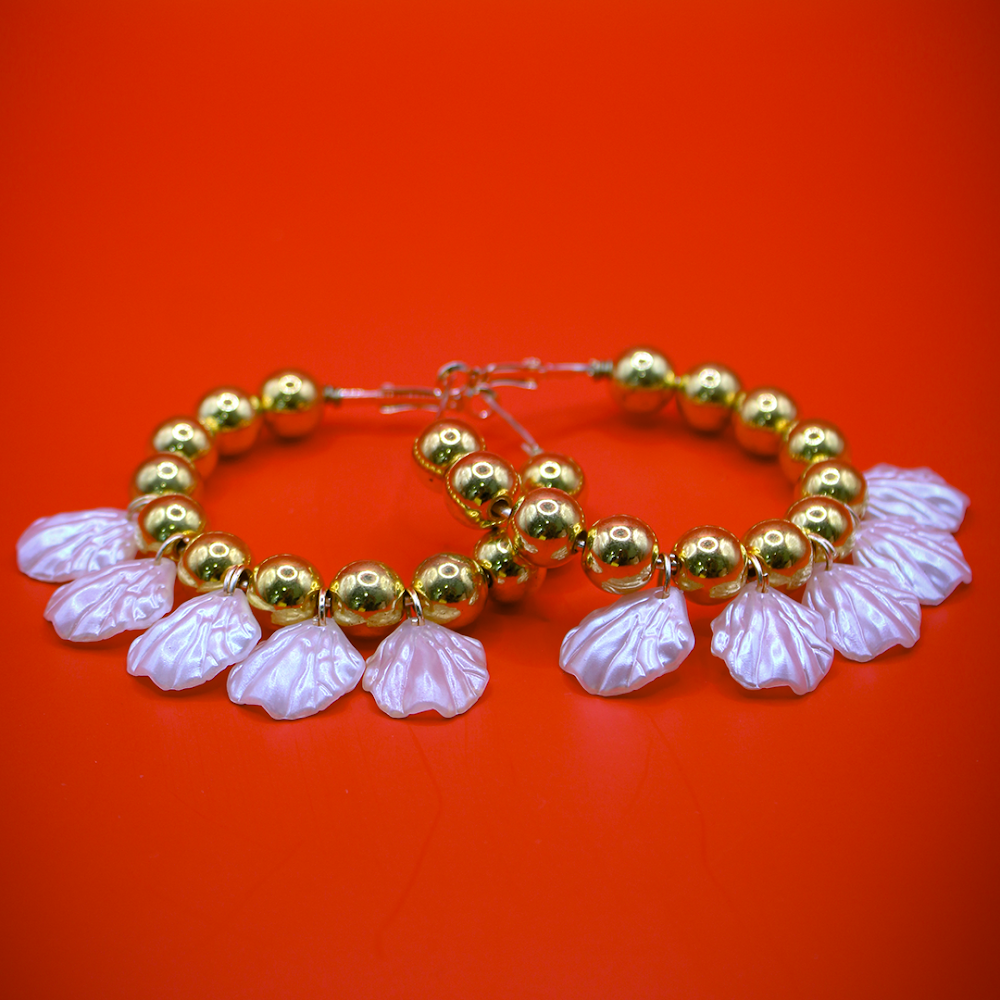 Golden Pearl Hoop Earrings With White Shell
