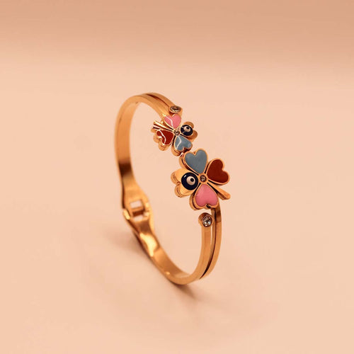 Evil Eye Colored Flowers Golden Cuff Bracelet