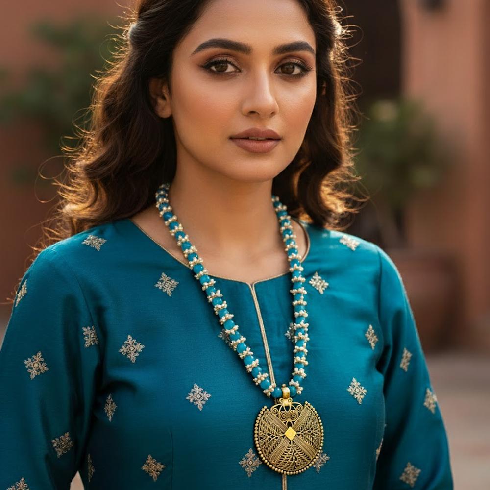 Oxidized Medallion Blue River Long Necklace