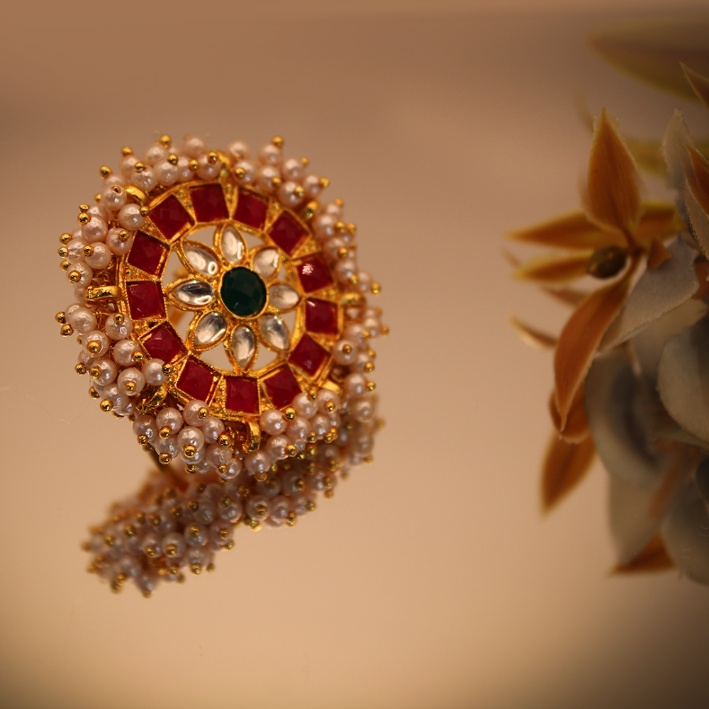 Heavy Red Kundan Pearl Bordered Adjustable Ring