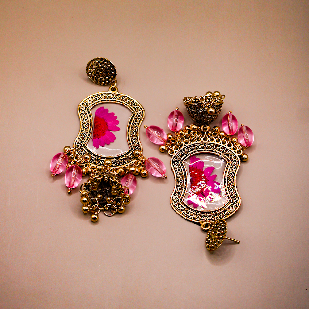 Rani Pink Floral Bell Drop Jhumka Earrings