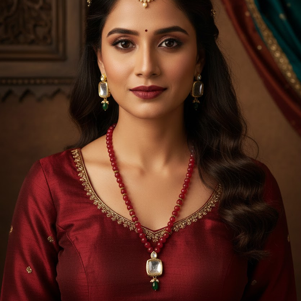 Kundan Red Beaded Long Necklace Set