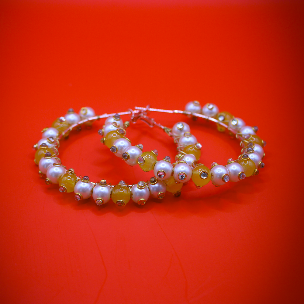 White-Yellow Pearl Hoop Earrings