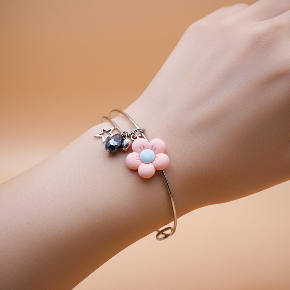 Pink Petal Delight Silver Charms Bracelet