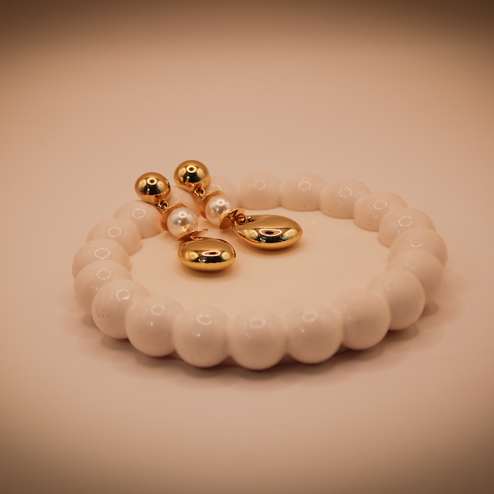 Contemporary Golden Pebble & Pearl Dangle Earrings