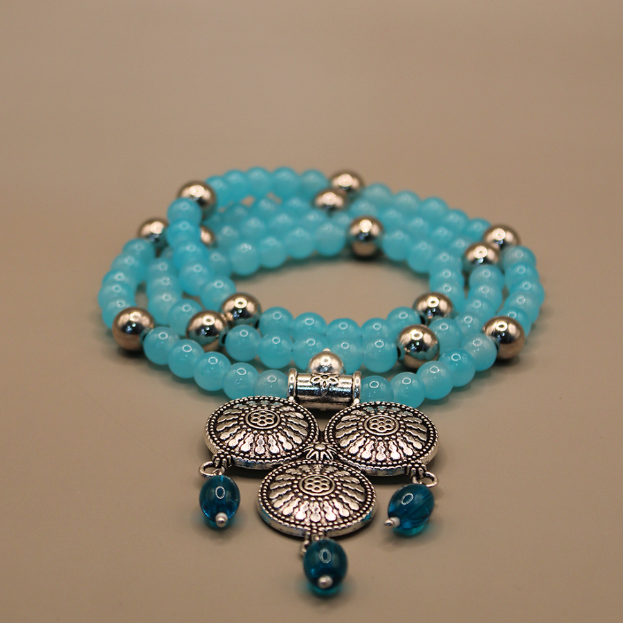 Aqua Beaded Silver Oxidized Temple Drop Long Necklace