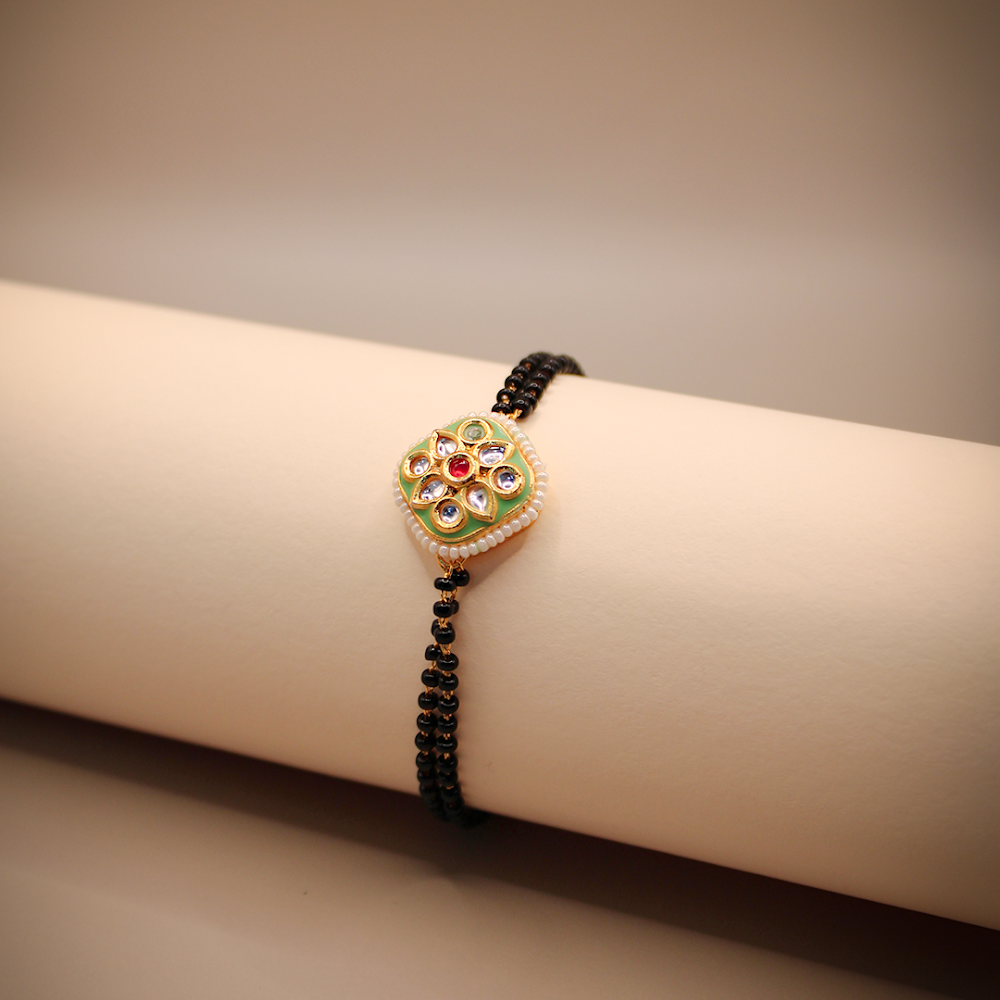 Golden-Black Green Rounded Square Mangalsutra Bracelet