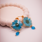 Encased Cyan Flower Dangle Earrings