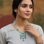 Aqua Beaded Silver Oxidized Temple Drop Long Necklace