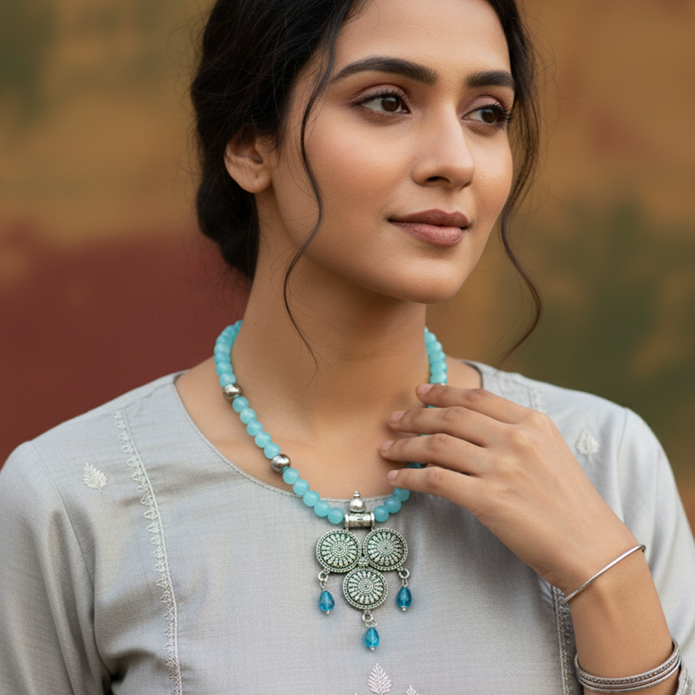 Aqua Beaded Silver Oxidized Temple Drop Long Necklace