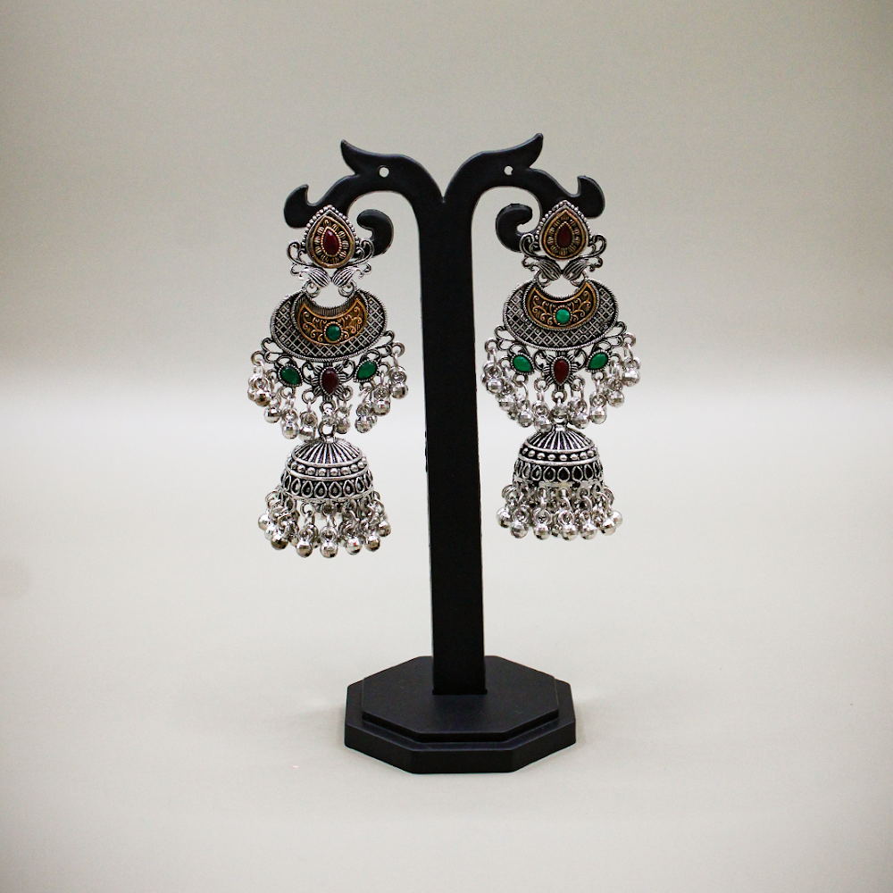 Dual Tone Half-Moon Temple Antique Jhumka Earrings